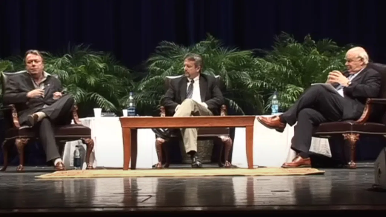 Christopher Hitchens vs John Lennox - Is God Great? Debate backdrop