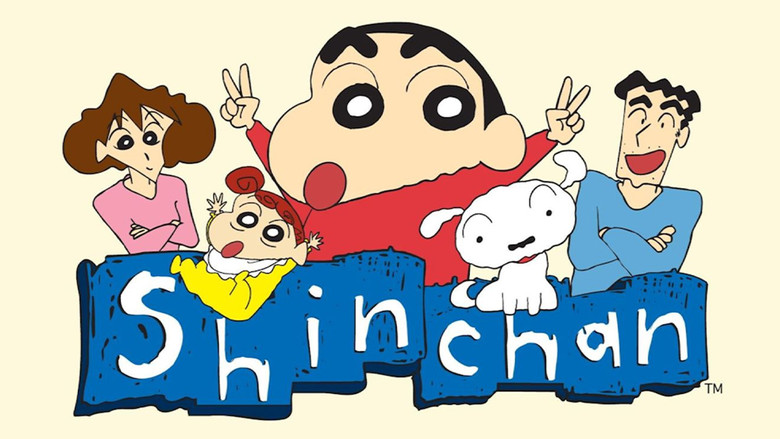 The distinctive, thick-lined animation style of Shin Chan highlights the absurdity of the characters' world.