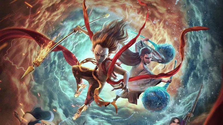 Ne Zha lying on a wall, looking bored and mischievous