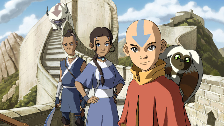 Aang gazing at the Southern Air Temple statues